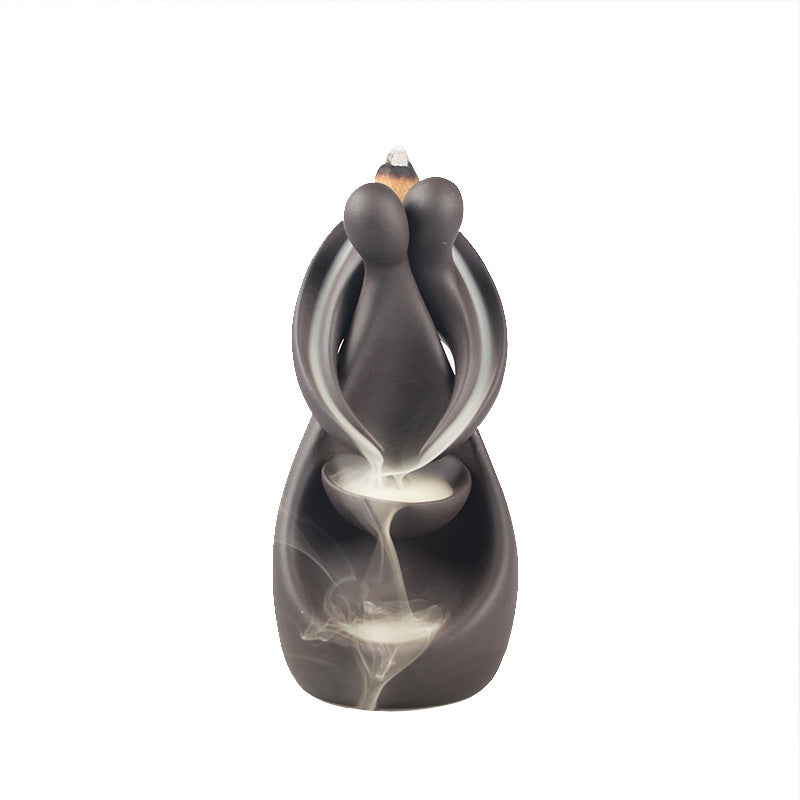 Abstract Couple Backflow Incense Burner Ceramic Purple Clay - 7x7x14 cm - NEW324