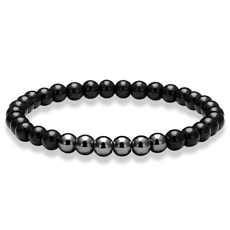 Pulsera elástica de ágata negra con latón pulido bañado en plata - Cuentas de 6 mm y 19 cm de largo - China - NEW125