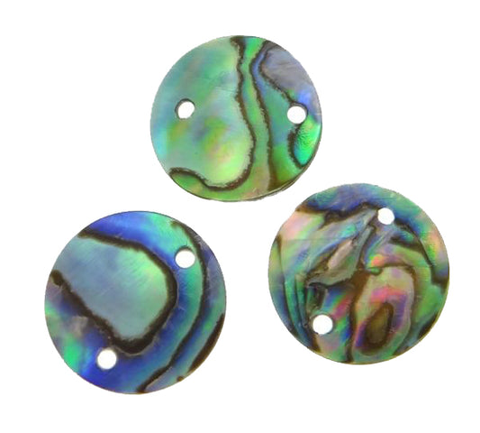 Cabujón de concha de abulón plano y redondo natural de 12 mm con dos agujeros de 2 mm