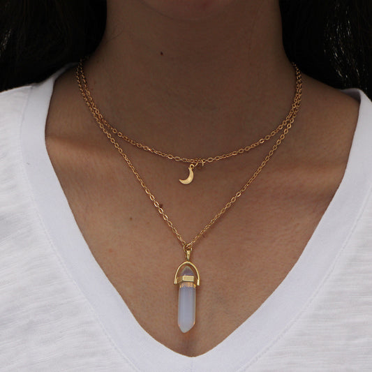 Opalite Pendant 30mm on Moon Necklace Double layer chain - Synthetic - NEW222