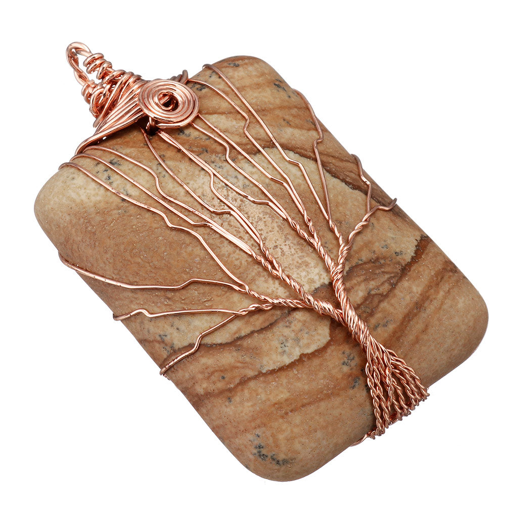 Colgante rectangular de árbol de latón con jaspe y imagen, chapado en oro rosa
