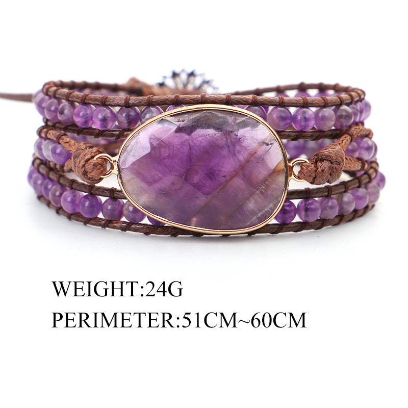 Pulsera de amatista con correa de cuero hecha a mano - NEW424