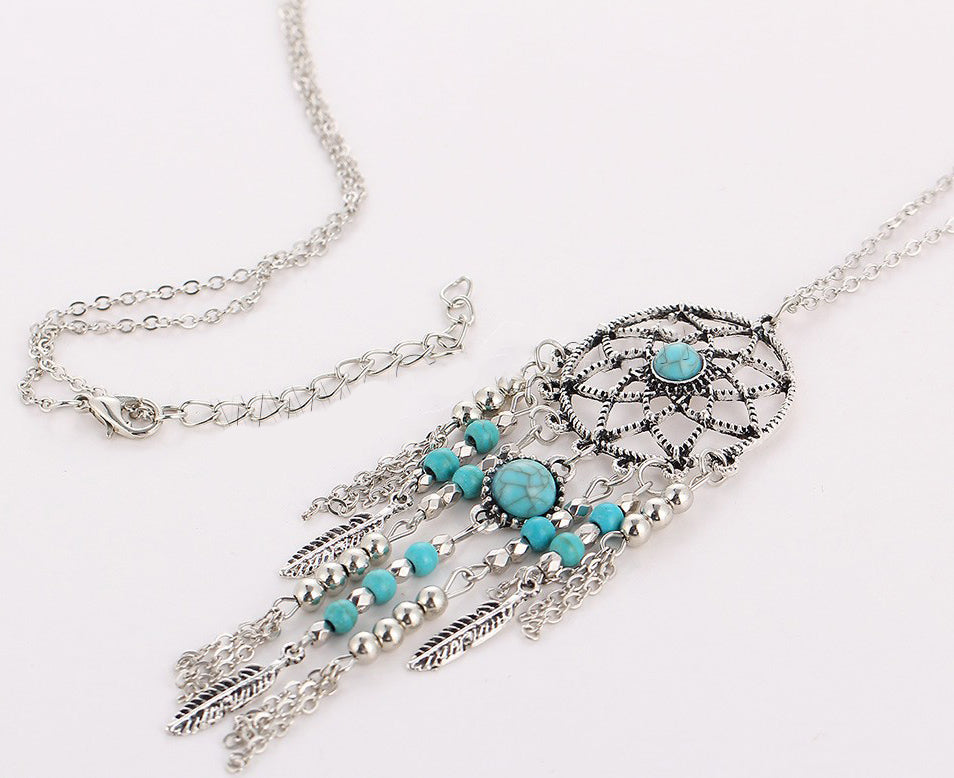Collar de suéter con atrapasueños - Turquesa sintética - Baño de plata antigua