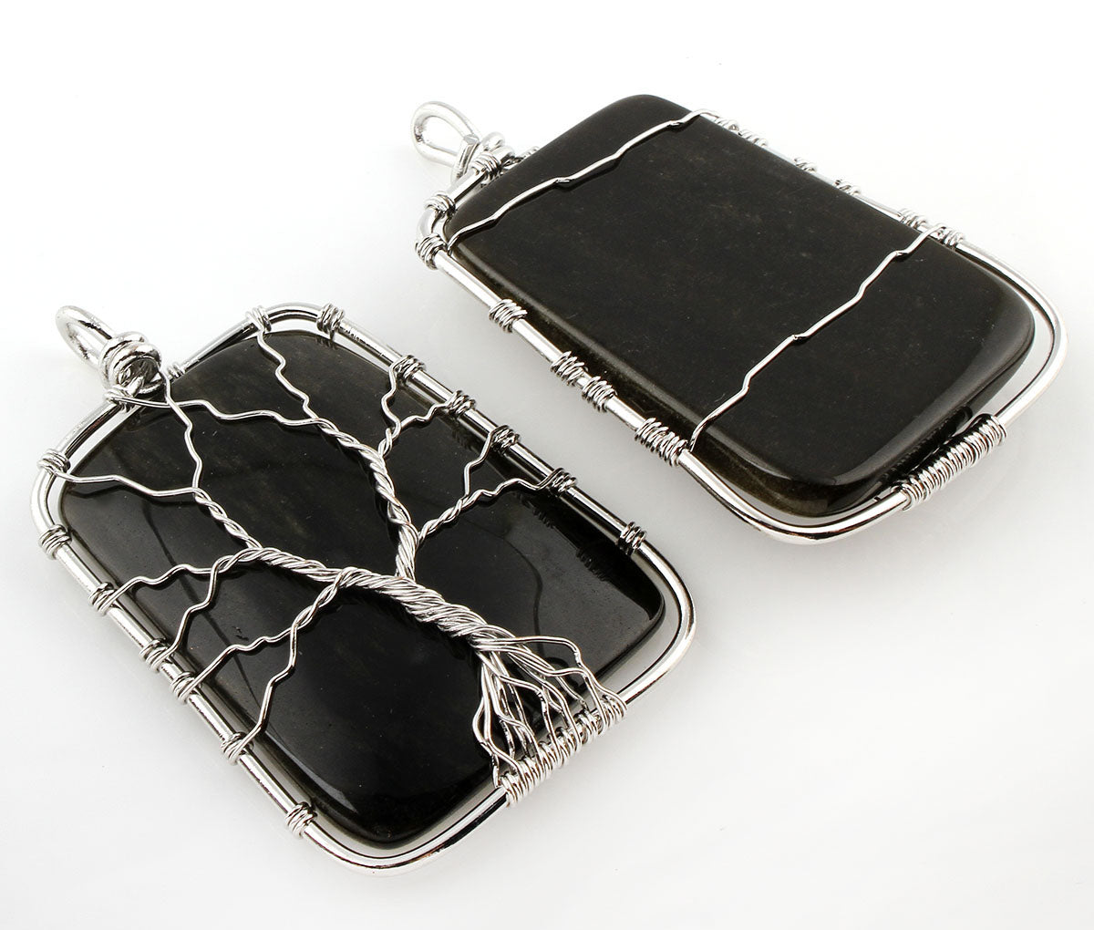 Colgante Árbol de la Vida - Latón con Obsidiana Rectangular - Baño de color platino