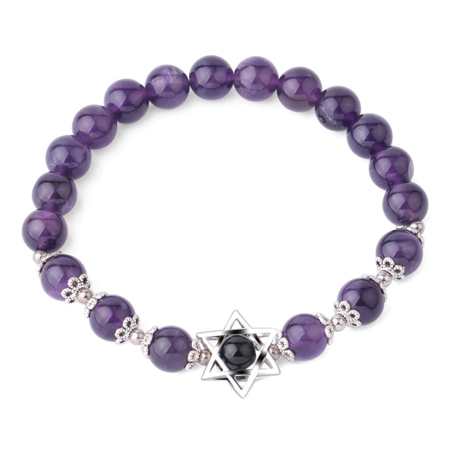 Gemstone Bracelet Amethyst Natural Stone with Star of David - Beads 13mm,8mm,3mm, Length 6.5 Inch