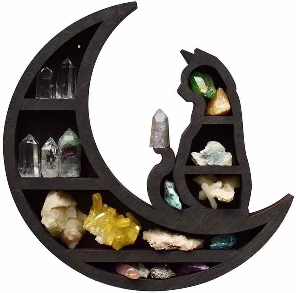 Crescent Moon and Cat  Shelf - Black Wood - 12 x 11.5 inch - Made in China - NEW1022