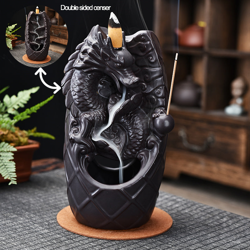 Dragon Porcelain Backflow Incense Holder Kit - Black - 11x20x9.5cm - China - NEW922