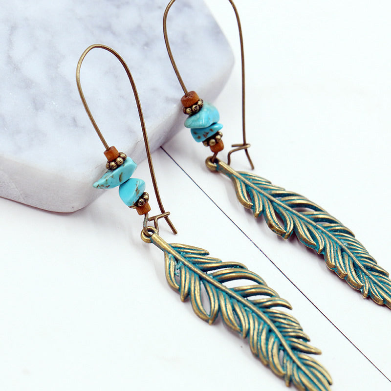 Antiqued Bronze Leaf Earrings with Synthetic Turquoise & Wood Hooks - Zinc Alloy Lead & Cadmium Free - Size 10x85mm