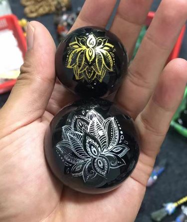 BLACK OBSIDIAN with Gold Lotus Flower Engraving - 50mm - Sphere NEW922