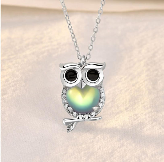 Owl Moonstone Pendant with Necklace 925 Sterling Silver - Owl Platinum Color Plated - 11x16mm Length 15.74 Inch - China - NEW1122