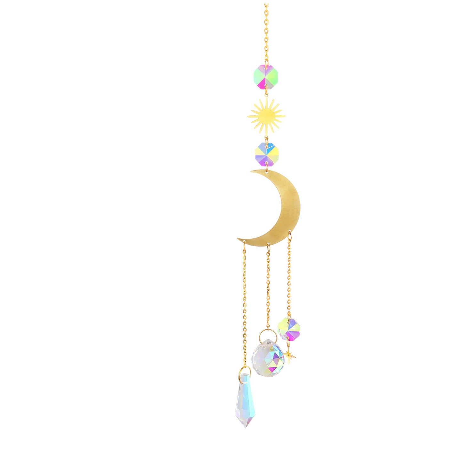 K9 Aura Crystal Hanger   Full & Crescent Moon with Stars Sun Brass - Long 45cm - China - NEW911