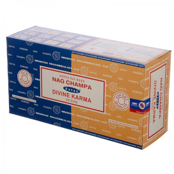 Satya Combo Series - Divine Karma & Nag Champa Incense - Box of 12 Packs Each pack contains 8gms of each scent - 16g NEW421
