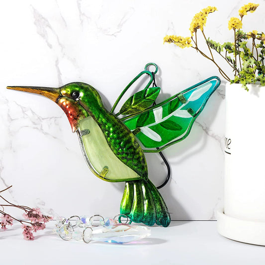 Percha de cristal K9 con colibrí de hierro, rojo, verde y azul - 45 cm de largo - China - NEW922
