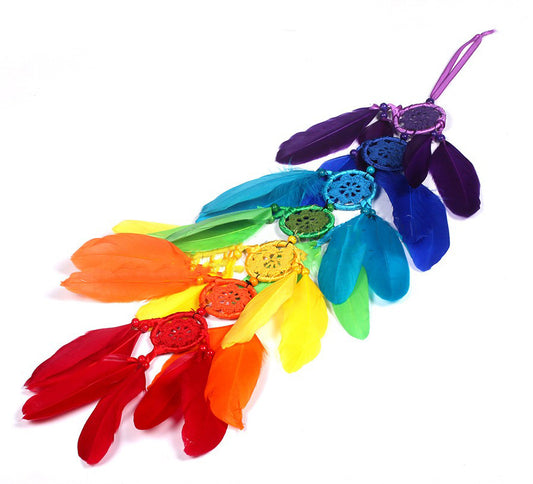 Atrapasueños - Cordón de lino con plumas de colores del arcoíris - 66 cm (25 pulgadas) de largo - NUEVO224