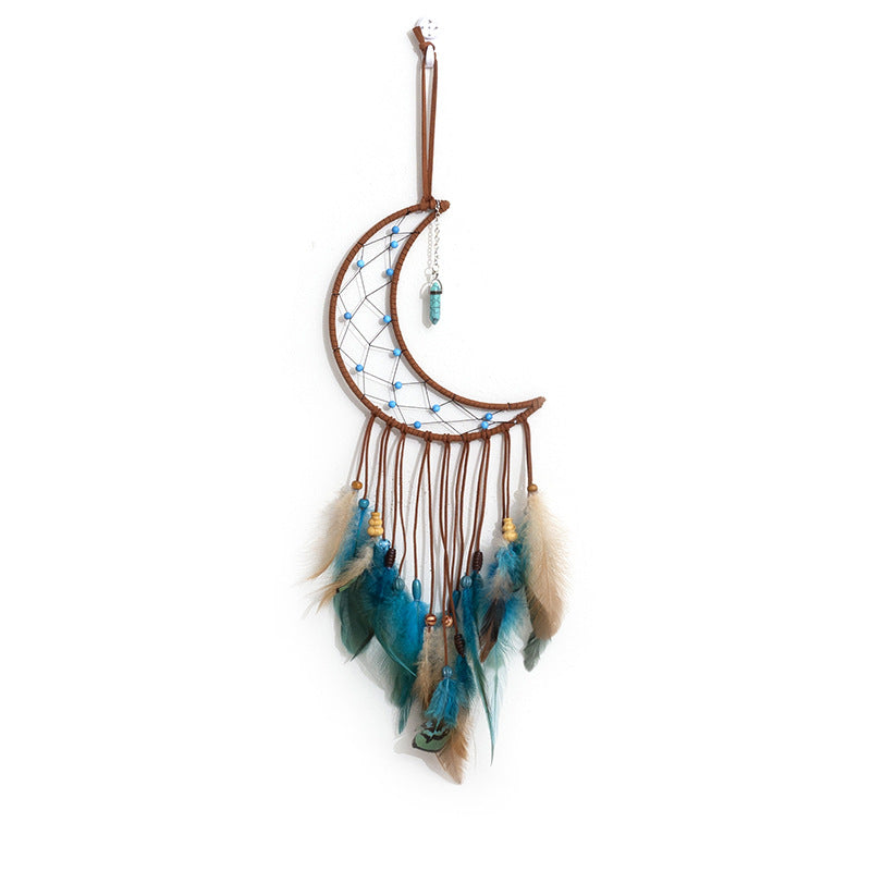 Moon Dream Catcher Feather with Cotton Thread & Velveteen - Blue Turquoise Howlite Center - NEW224