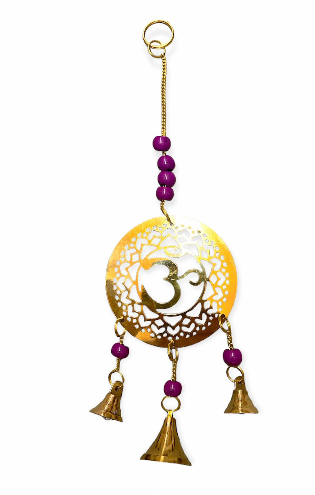 Carillón de viento de latón para chakra de la corona con cuentas violetas, 3 campanas - 28 cm - India - NUEVO 1121