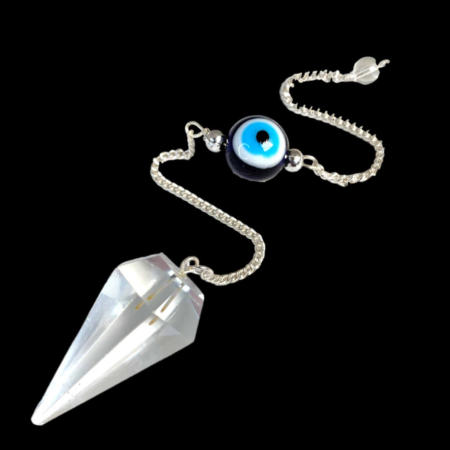 Crystal Quartz - 45mm - Faceted Pendulum With Silver Evil Eye Chain - NEW323