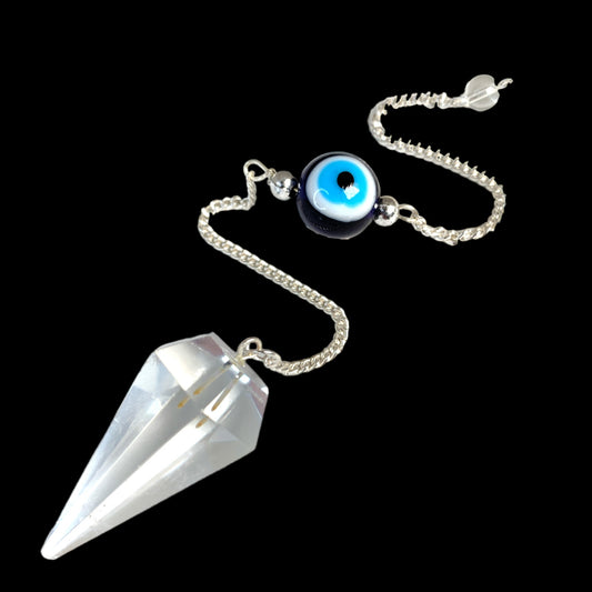 Cuarzo cristal - 45 mm - Péndulo facetado con cadena de plata para ojo malvado - NUEVO323
