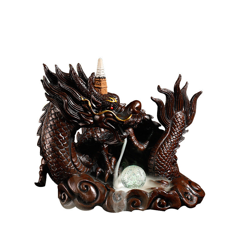 Dragon with Glass Sphere - Hand Painted Resin Backflow Incense Burner Kit - Black Brown - 203x135x170mm - China - NEW1122