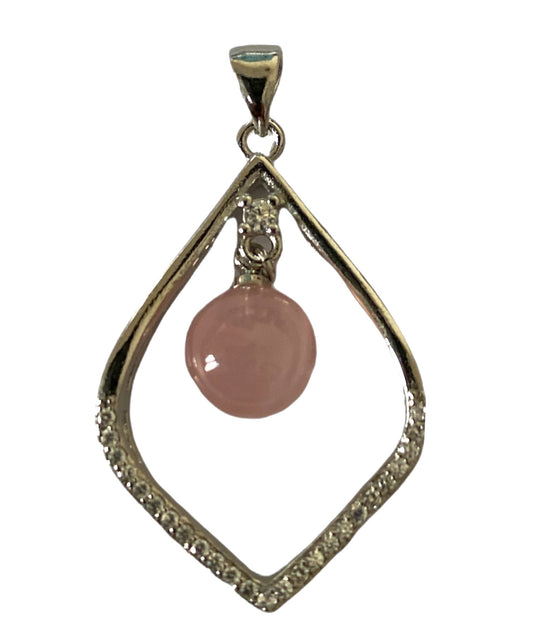 Rose Quartz Sphere  Oval Pendant with Rhinestones - Silver Color Plated Metal - 35x20mm - China - NEW922