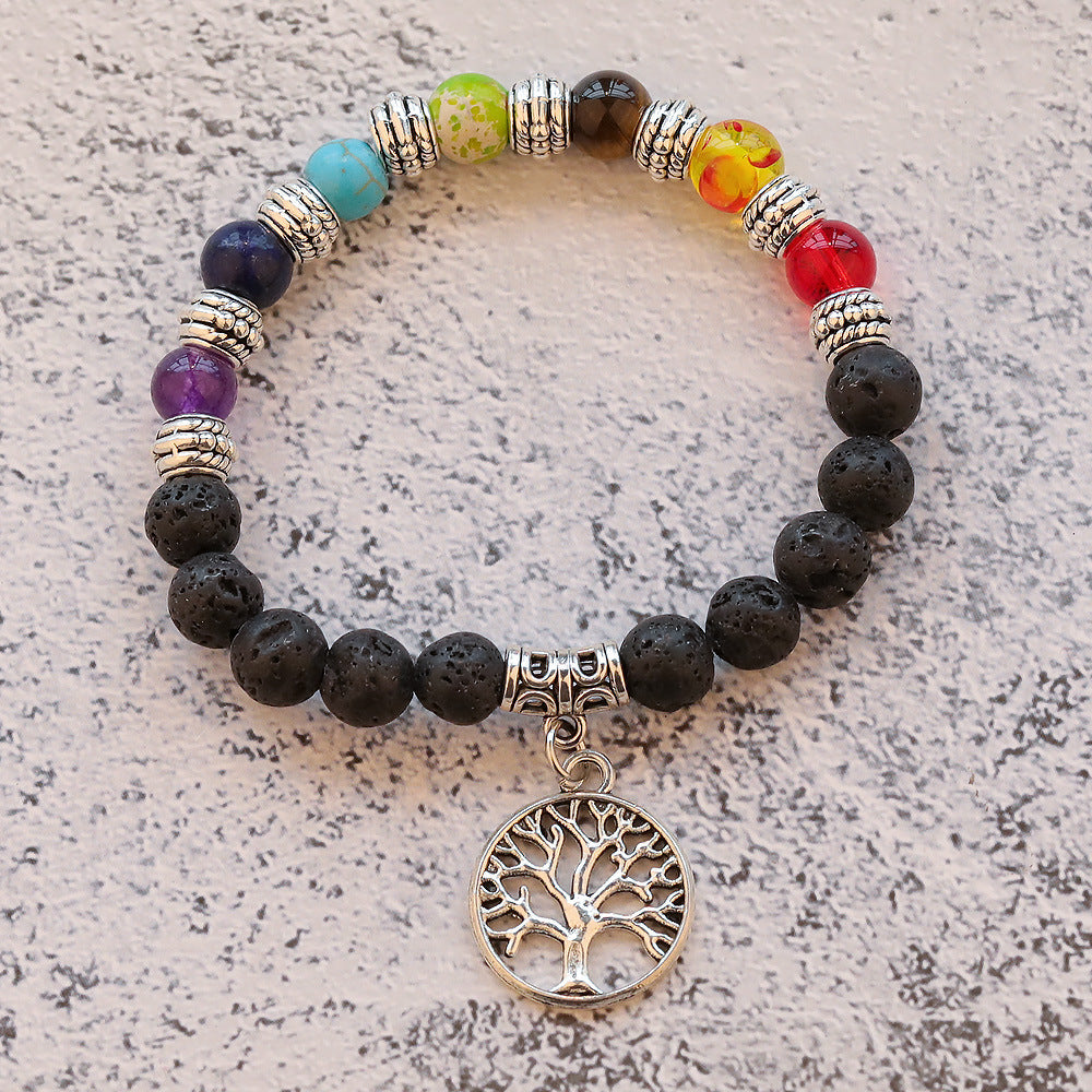 Chakra Tree of Life Gem Stone Bracelet with Black Lava Beads - 8mm Length 7.5 Inch - NEW922