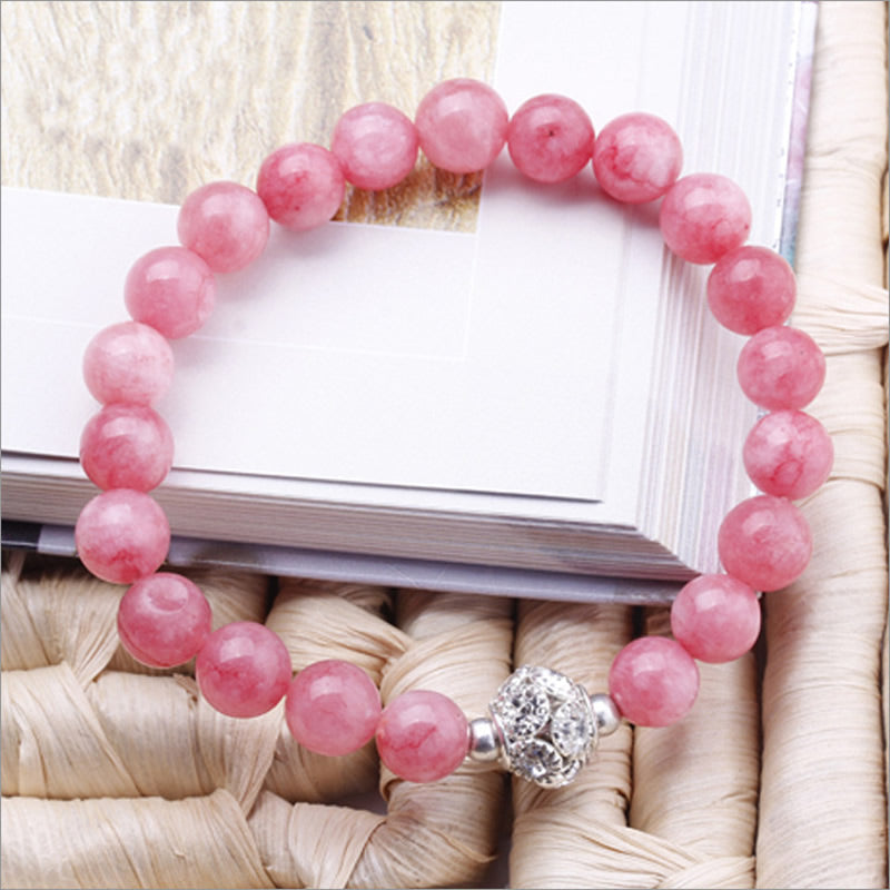 Pink Opal 10mm Elastic Bracelet - 6.5 inch - Zinc Magnetic Clasp Round Platinum Color Plated with Rhinestone - China - NEW922