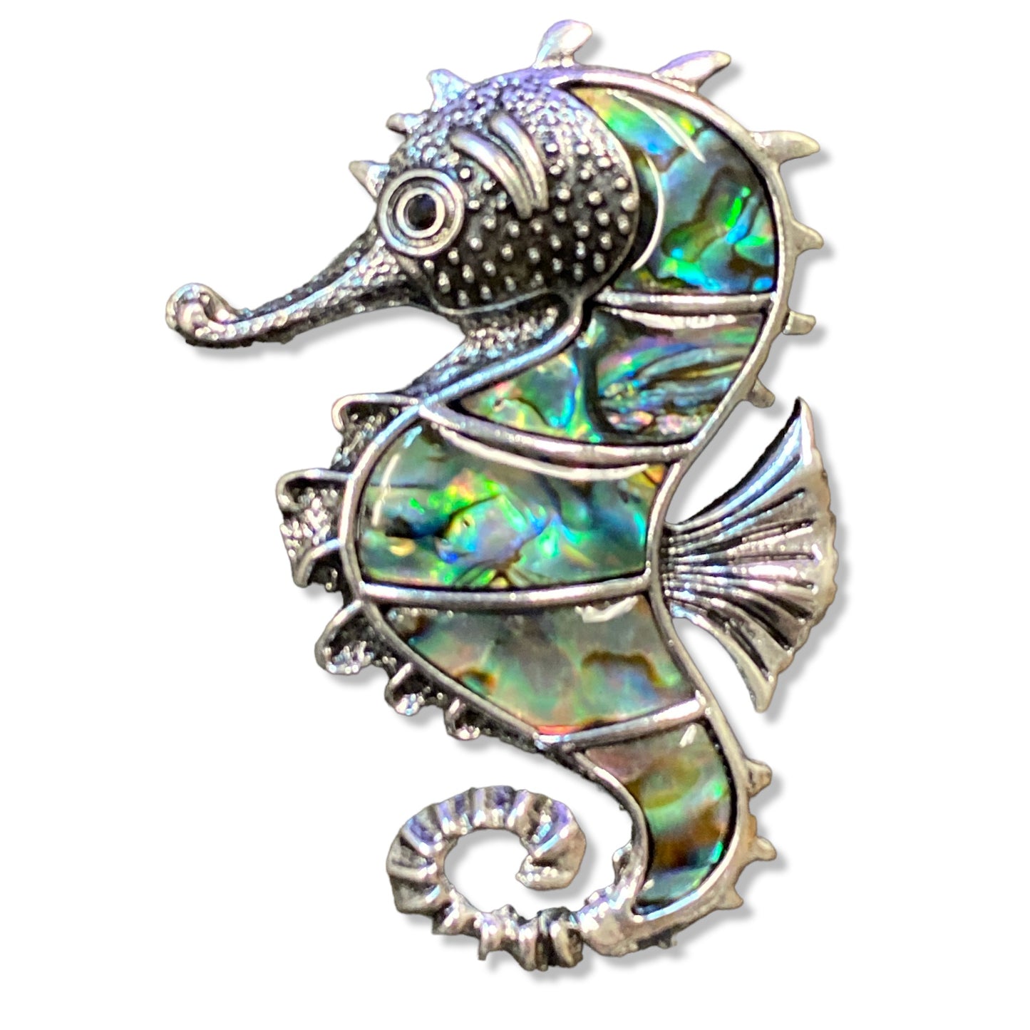 Seahorse Design Brooch with Abalone Shell inlay - Silver Color Plated Metal - 45mm - China - NEW123
