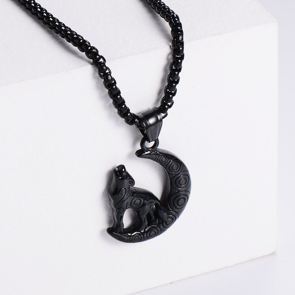 Stainless Steel Wolf & Moon Pendant with 60cm Chain - Black Color - 30x26mm 12 grams - NEW922