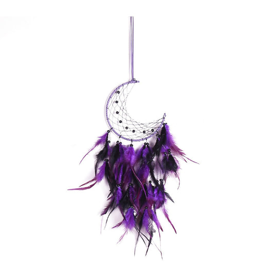 Moon Dream Catcher - Linen Cord with Purple & Black Feathers - 48 cm 18 inches long - NEW224