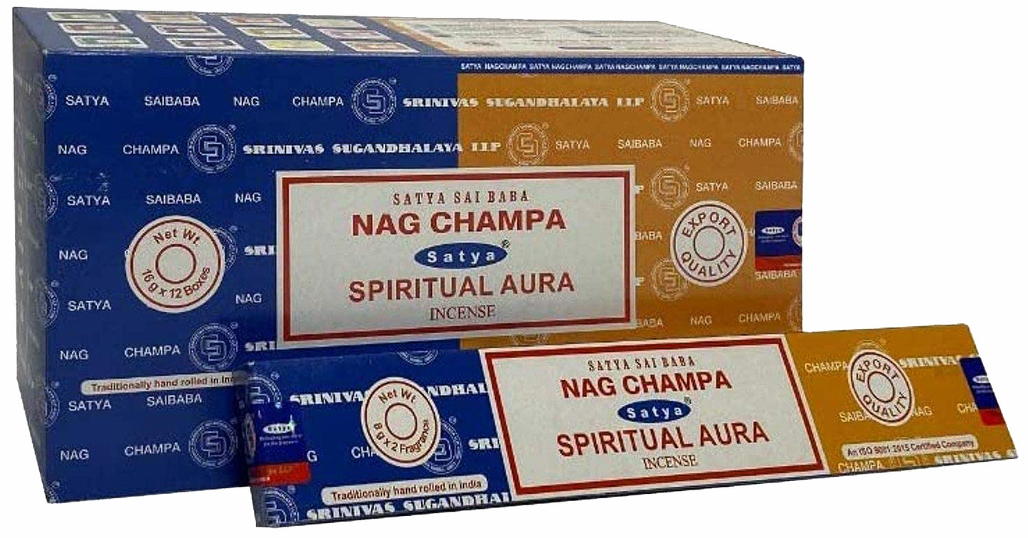 Satya Combo Series - Spiritual Aura & Nag Champa Incense - Box of 12 Packs Each pack contains 8gms of each scent - 16g NEW421